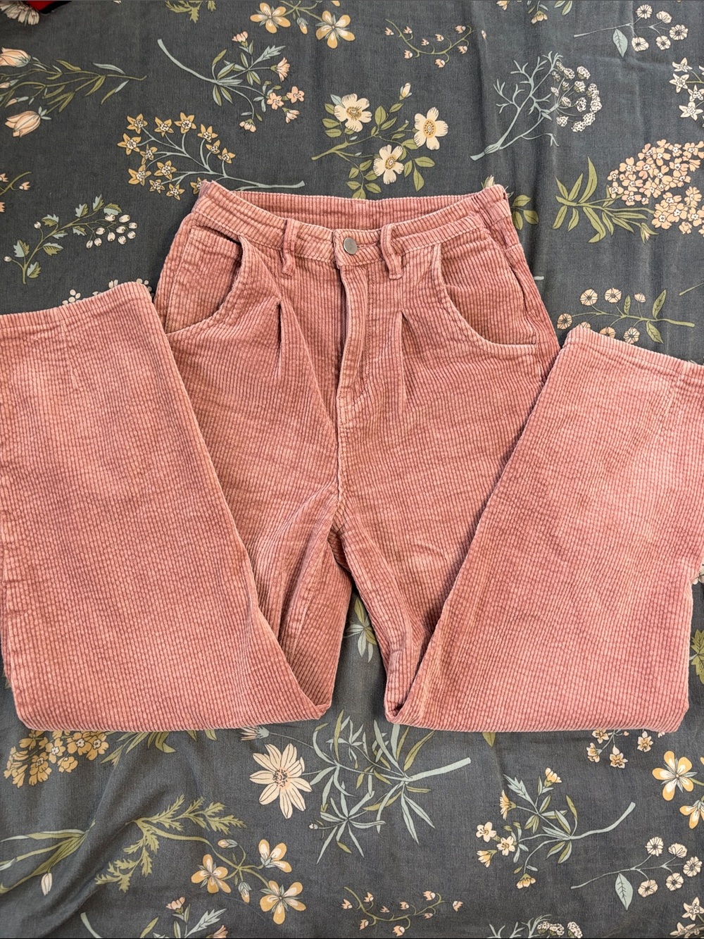 Shein High-Waist Corduroy Pleated Tailored Straight Leg Pants in Pink Size XS